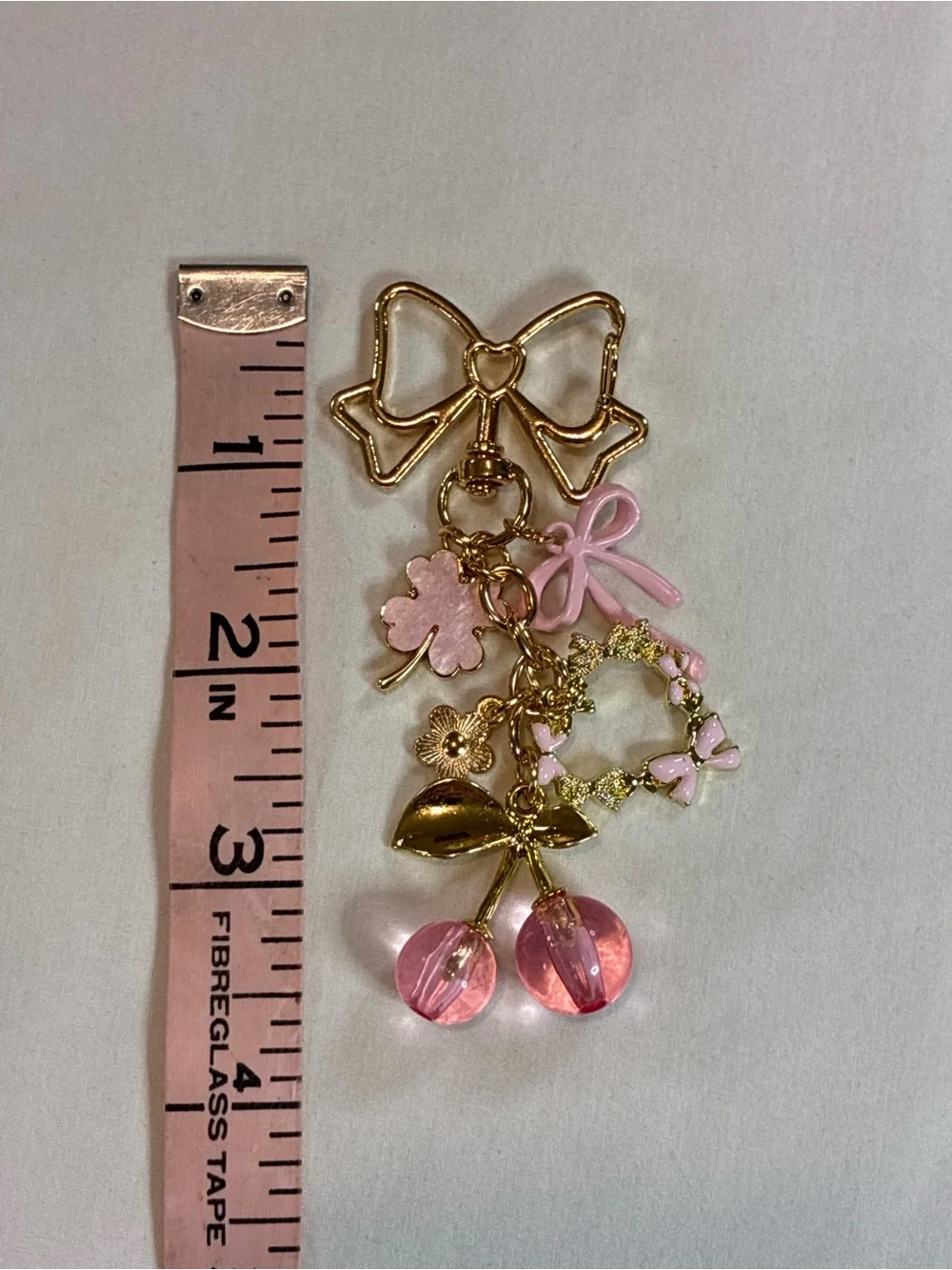 Gold & Pink Cherry Charm Keychain